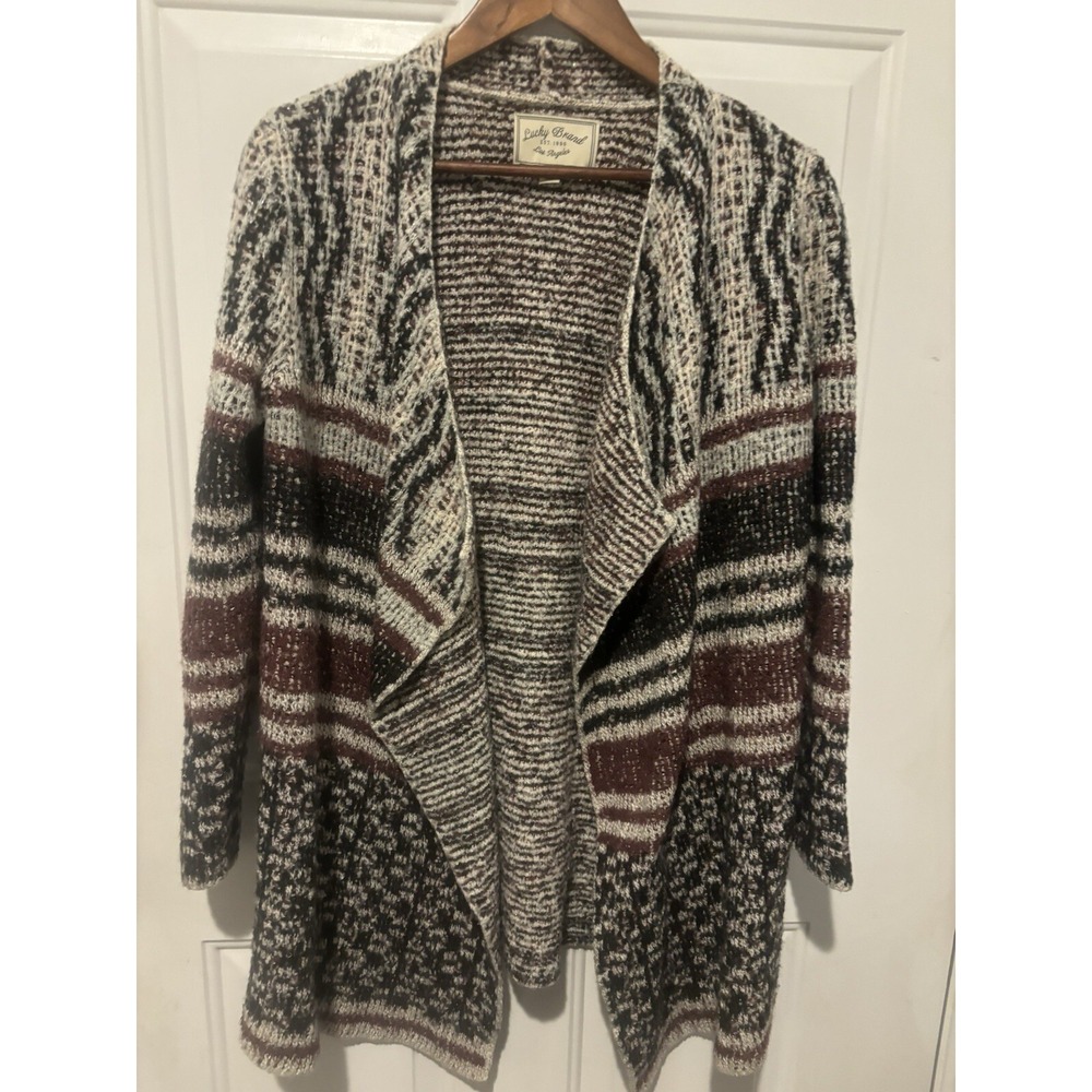 Lucky Brand Cardigan Wool Blend Burgundy Crème Black Silver Sweater Silver L